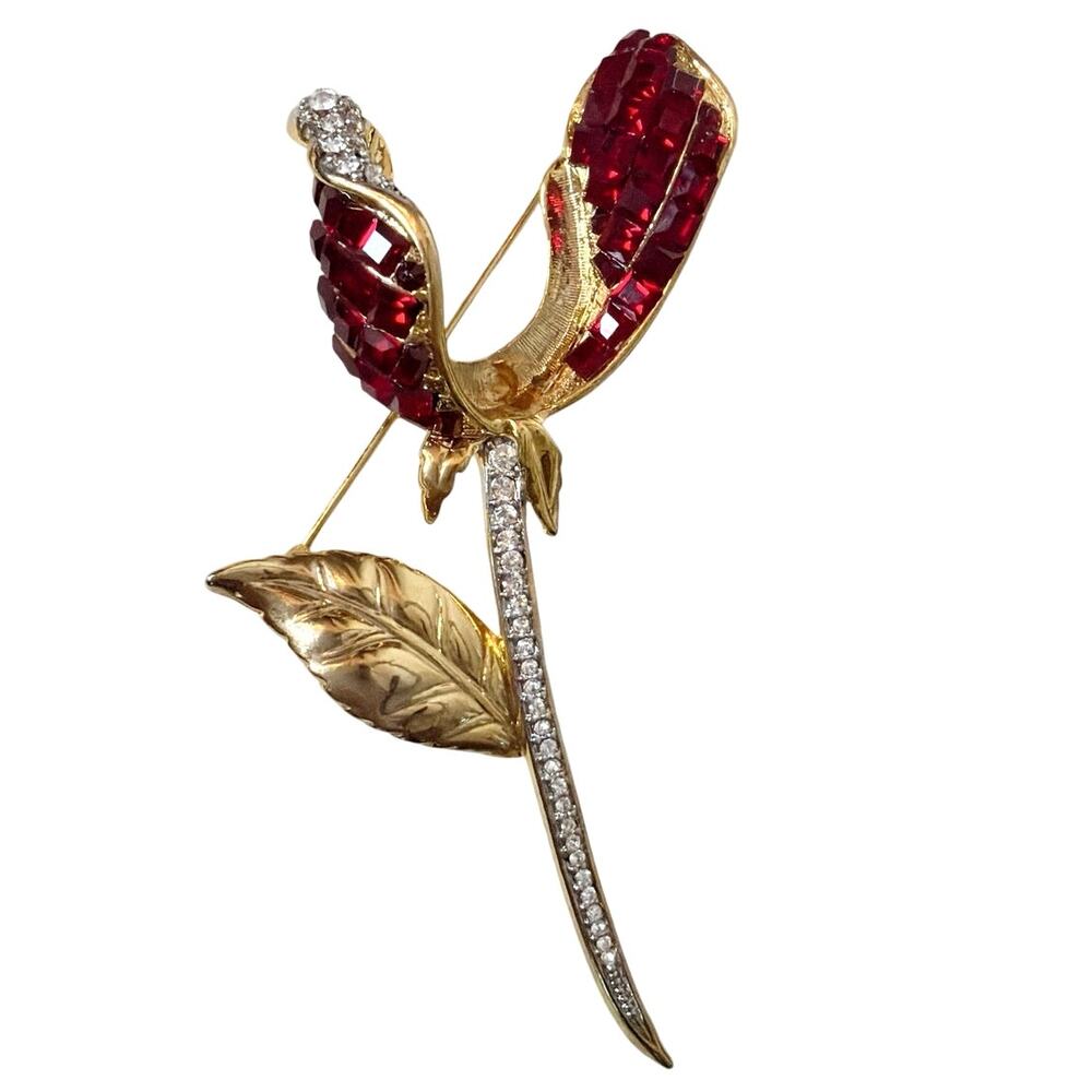 Vintage Flower Square Red Rhinestones Gold Tone Brooch 3.5”